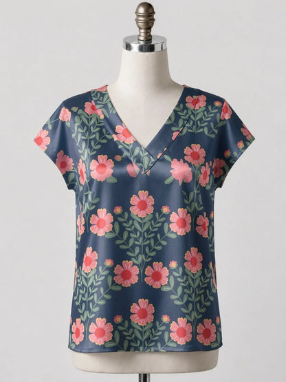 Women's Satin V-neck Tropical Floral Print Short-Sleeve Summer Shirt Casual Street Fashion T-Shirt New Beachwear