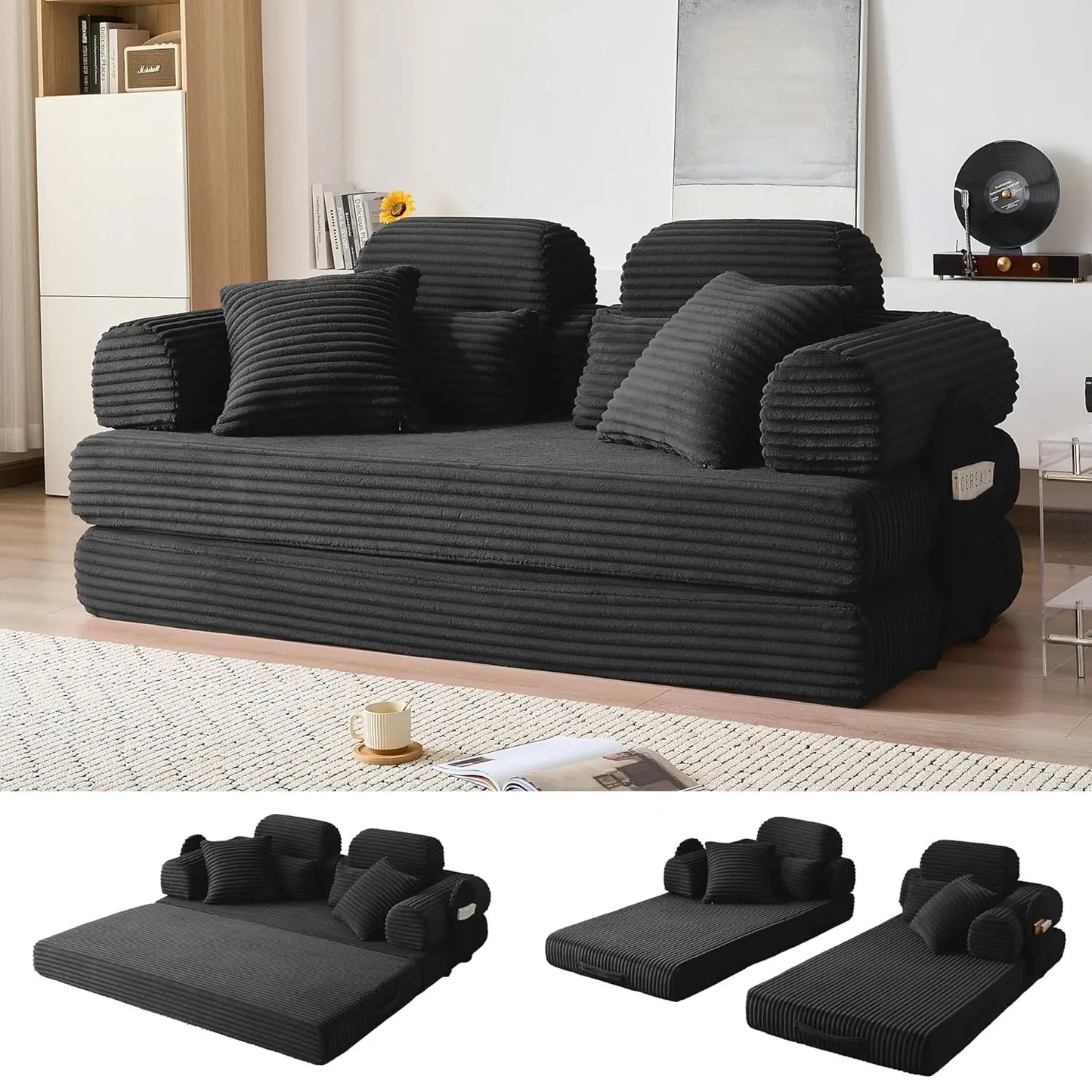 78.8in Convertible Corduroy Sleeper Sofa Bed High Backrest 5-in-1 Side Pocket Living Room No Assembly Removable Washable, Custom