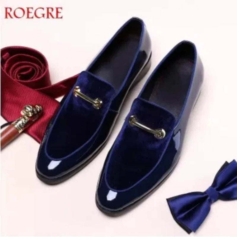 Mens Formal Navy Blue Velvet Patent Leather Loafers With Gold Horsebit Accent Flat Heel Comfortable Non Slip Breathable Business