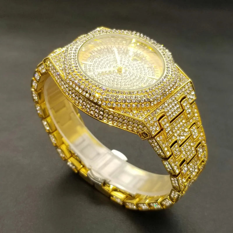 New Arab Number Brand Watch For Men Luxury Fully Diamond Bling Mens Quartz Watches Fashion Iced Out Silver Waterproof Male Clock