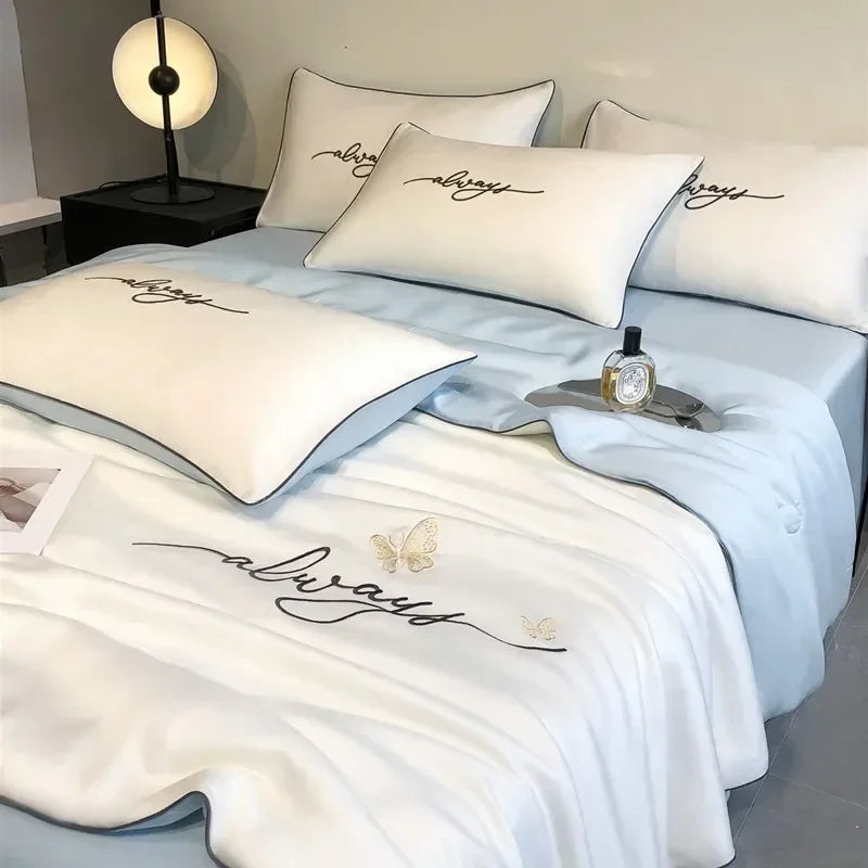 Lightweight Summer Quilt, 100% Polyester Fabric, Microfiber Filling With Embroidery Decoration, Breathable Bed Comforter