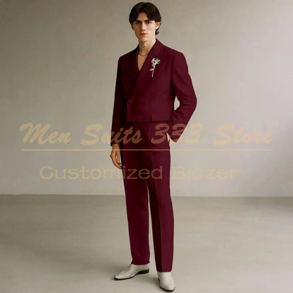Cropped Men's Suits Formal Wedding Groomsmen 2 Piece Jacket Pants Sets Fashion Male Clothing High Quality Male Clothing Costume