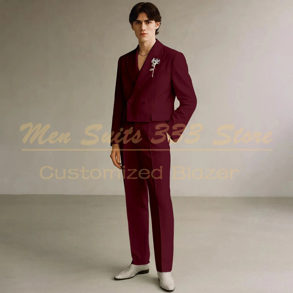 Cropped Men's Suits Formal Wedding Groomsmen 2 Piece Jacket Pants Sets Fashion Male Clothing High Quality Male Clothing Costume
