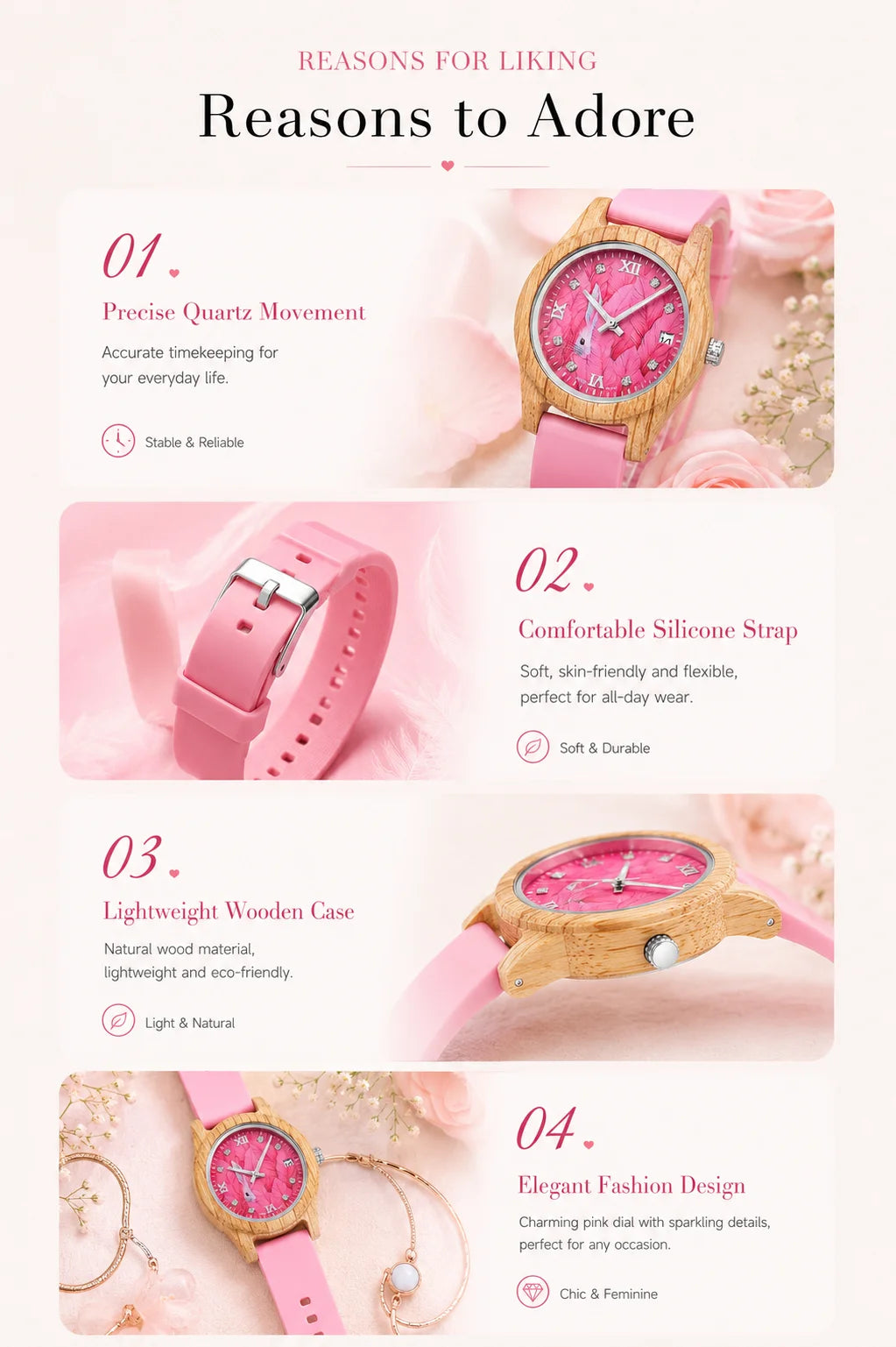 Women's Pink Wooden Watch Luxury Fashion Wristwatch Gift for Girls Elegant Quartz Watch with Silicone Strap Support Dropship