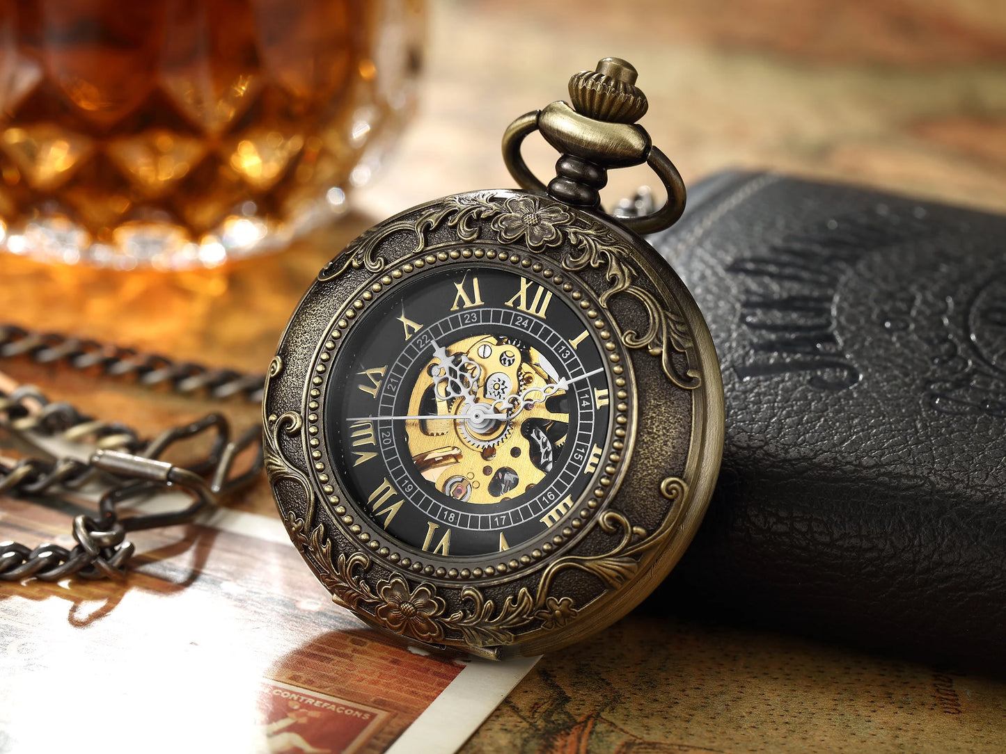 Vintage Skeleton Mechanical Pocket Watch Engraved Floral Design Hand Wind Fob Watch With Chain For Men Women Luxury Antique Gift