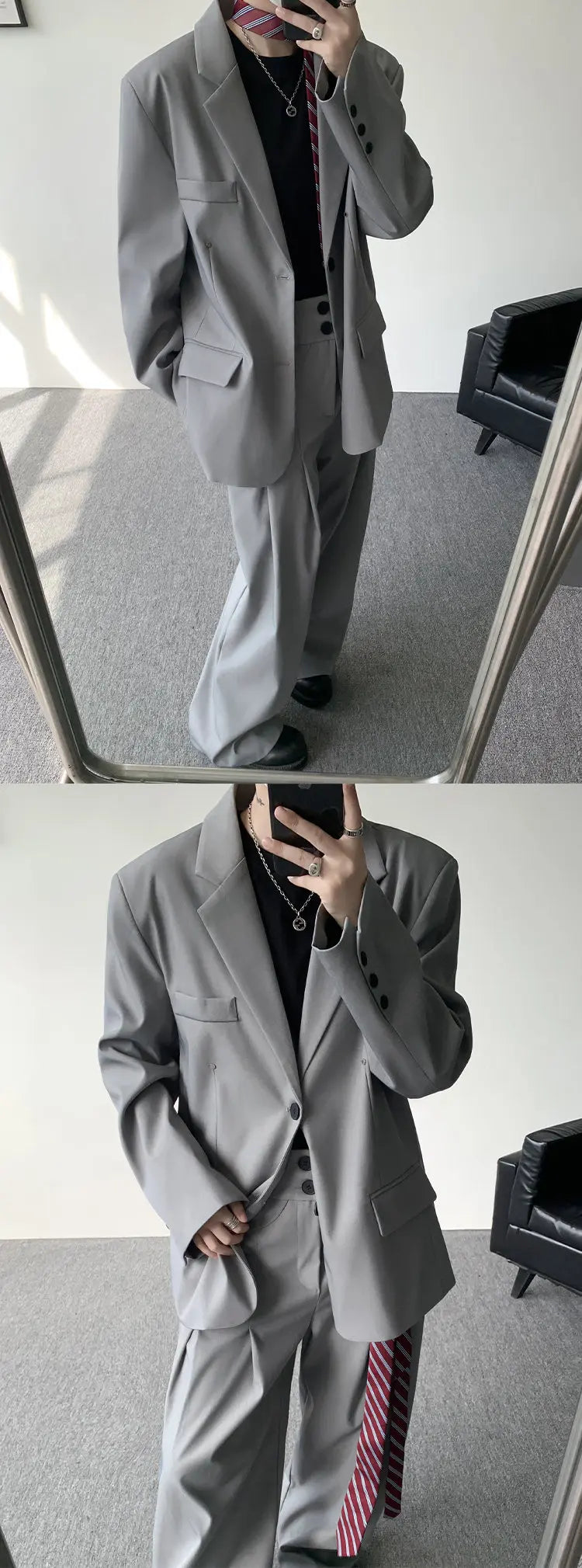 Casual suit set Men Loose fitting 2 piece suit Shoulder pads Trend Streetwear Korean 2025 NEW suit jacker+suit pants