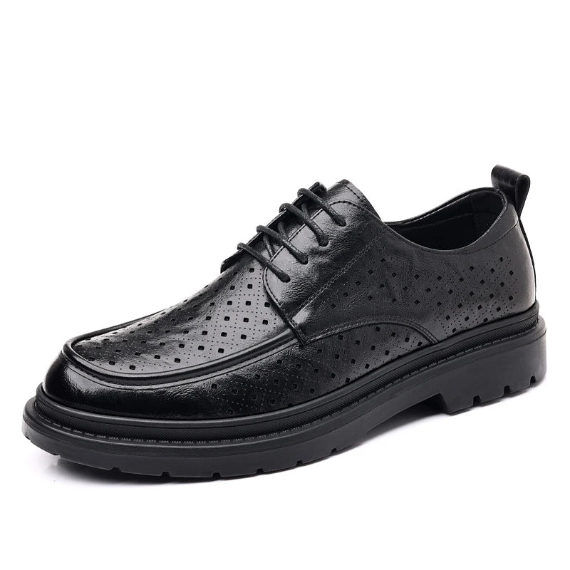 Mens Black Wrinkled Leather Apron Toe Lace Up Dress Shoes Thick Lug Sole Chunky Formal Business Office Work Daily Wear Shoes