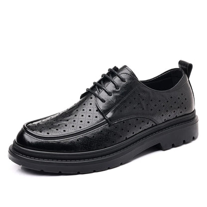 Mens Black Wrinkled Leather Apron Toe Lace Up Dress Shoes Thick Lug Sole Chunky Formal Business Office Work Daily Wear Shoes