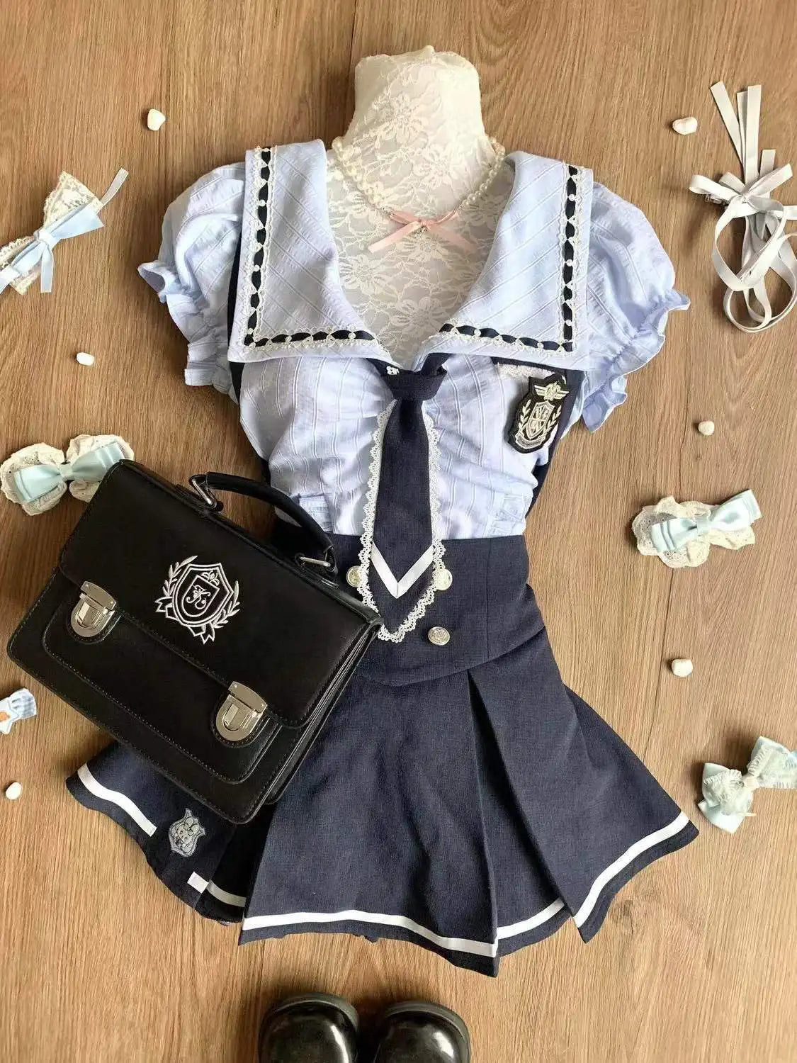 Summer Sweet Preppy Style 2 Piece Sets Women Y2k Kawaii Lolita Design Tops + High Waist Chic Skirt Female Princess Retro Outfits