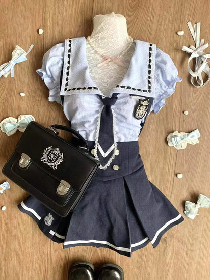 Summer Sweet Preppy Style 2 Piece Sets Women Y2k Kawaii Lolita Design Tops + High Waist Chic Skirt Female Princess Retro Outfits