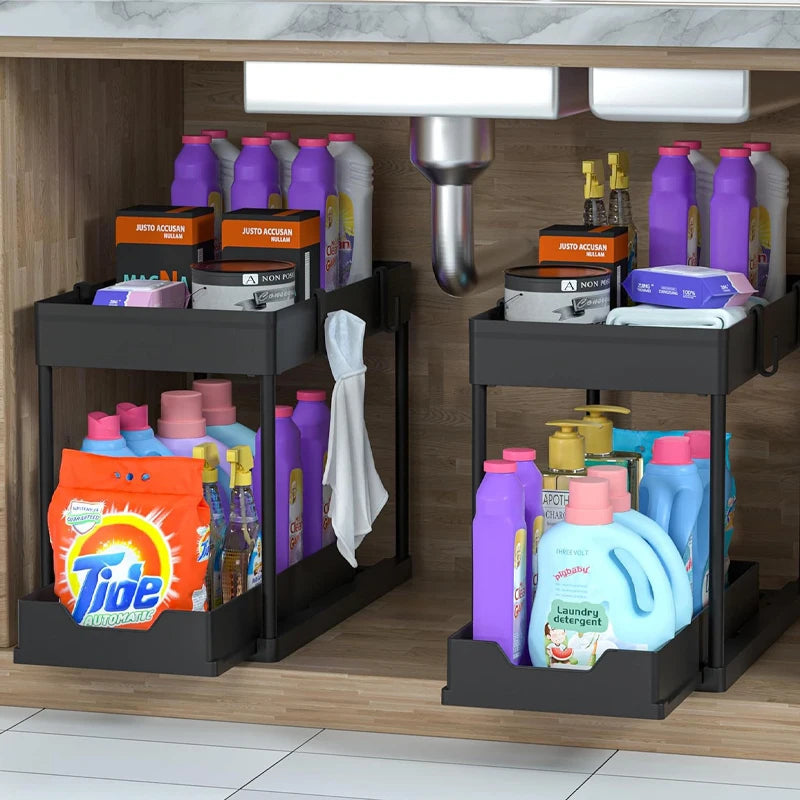 Double Layer Sliding Under Sink Storage Rack with Hanging Hooks Multifunctional Kitchen Bathroom Cabinet Organizer Rack