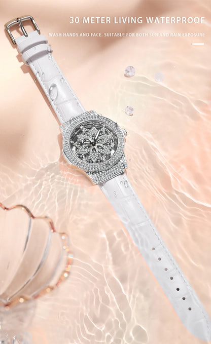 Popular women's watch with fashionable large dial, pentagram waterproof watch for girls, snowflake rotating hollow women's watch