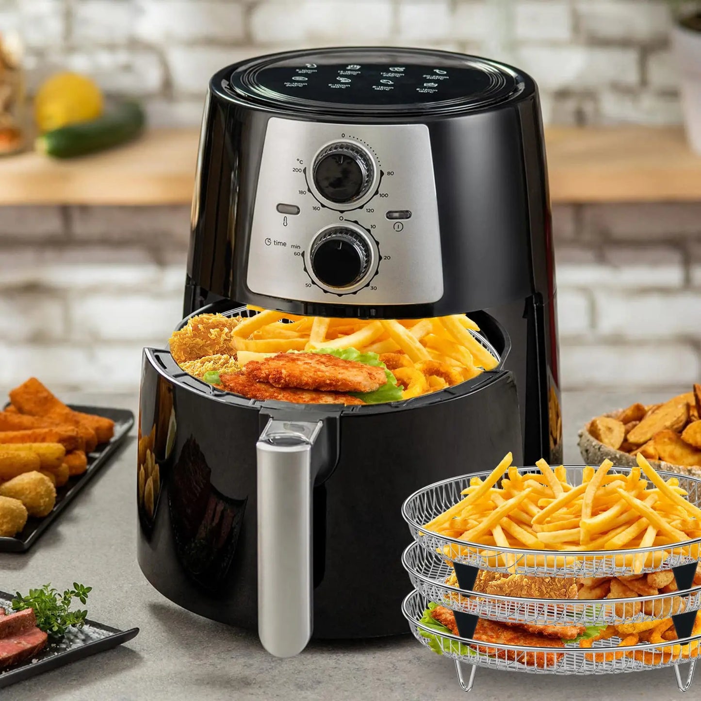 Air Fryer Rack Baking Tray Stackable Grilling304Stainless Steel Airfryer Oven Grill Steamer Cooker Kitchen Gadgets Cooking Tools