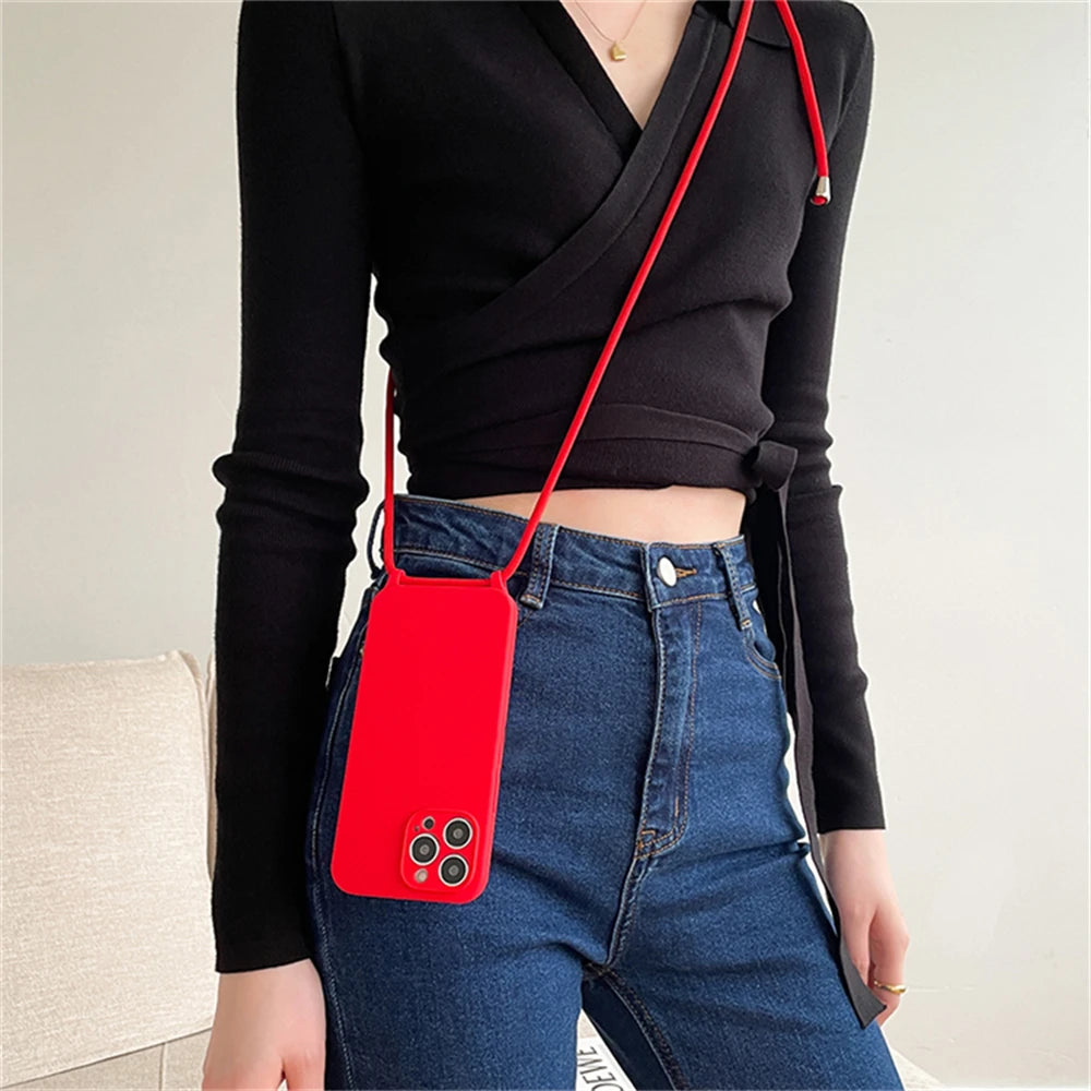 Crossbody Necklace Lanyard Cord Strap Liquid Silicone Case For iPhone 17 16 15 13 11 12 14 Pro Max XS XR X Plus Soft Candy Cover