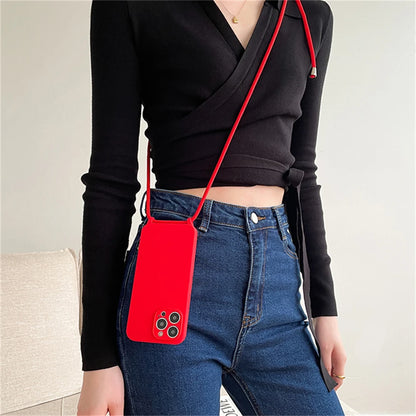 Crossbody Necklace Lanyard Cord Strap Liquid Silicone Case For iPhone 17 16 15 13 11 12 14 Pro Max XS XR X Plus Soft Candy Cover