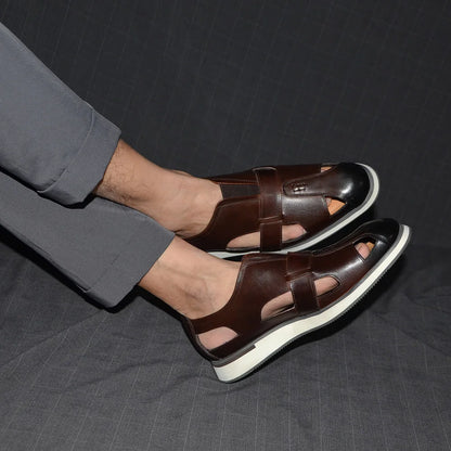 Classic Arabic Style Mens Sandals Genuine Cow Leather Slip-On Hollow Out Casual Business Party Dress Shoes for Men Flat Footwear