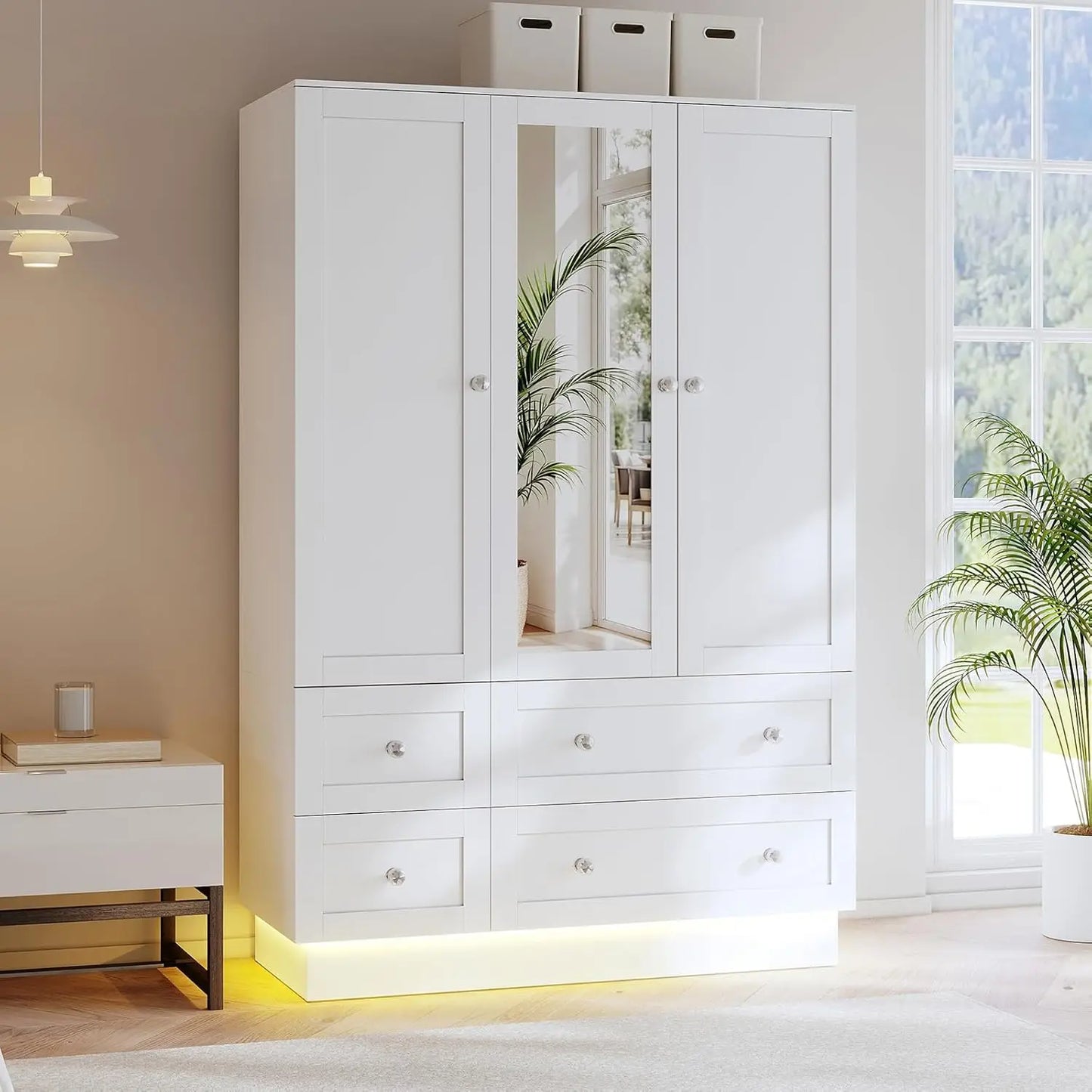 3 Doors Wardrobe Mirror 4 Drawers LED Light Large Capacity Bedroom Storage Cabinet, Custom
