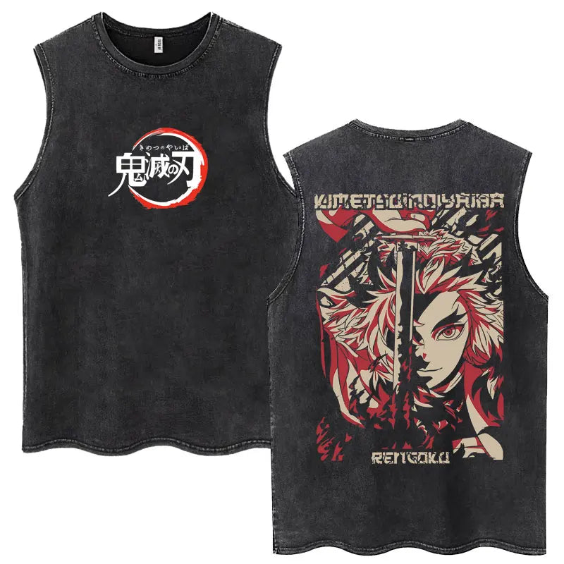Washed Anime Demon Slayer Hashibira Inosuke Mask Face Tank Tops Men Women Vintage Fashion Cotton Sleeveless T Shirts Streetwear