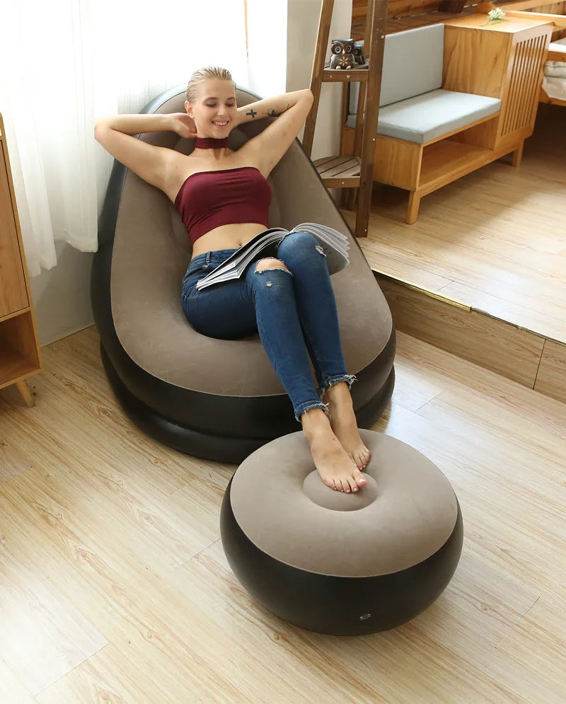 OTAUTAU Inflatable Lounger with Footstool Ottoman Chaise Lounge Recliner Outdoor Portable Camping Couch Garden Chair Pouf SF029