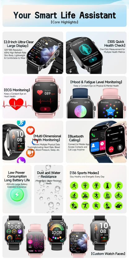 New Professional Health Watch Blood Pressure 2.01"AMOLED Screen Uric Acid Blood Lipids Flashlight Care Smart Watches for Women