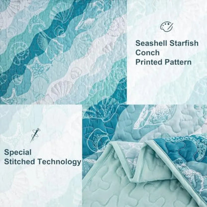 Summer Quilt Set Size Ocean Beach Themed Bedding Set Seawave Seashell Conch Starfish Microfiber Lightweight Bedspread Coverlet