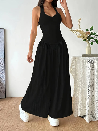 2026Women Yellow Halter Neck Maxi Dress Sleeveless V-Neck Backless A-Line Long Dress Casual Summer Elegant Beach Party Dresses