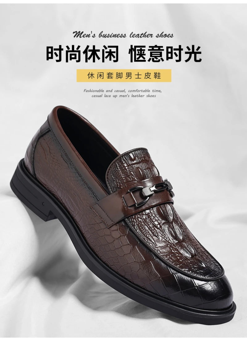 Mens Black Crocodile Embossed Leather Loafers With Metal Horsebit Buckle Thick Sole Formal Business Wedding Party Dress Shoes