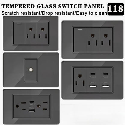 118*75mm TEMPERED GLASS SWITCH PANEL Wall Socket with USB Type - C, Grey US Switch, Thai Plug for Home & Office Use