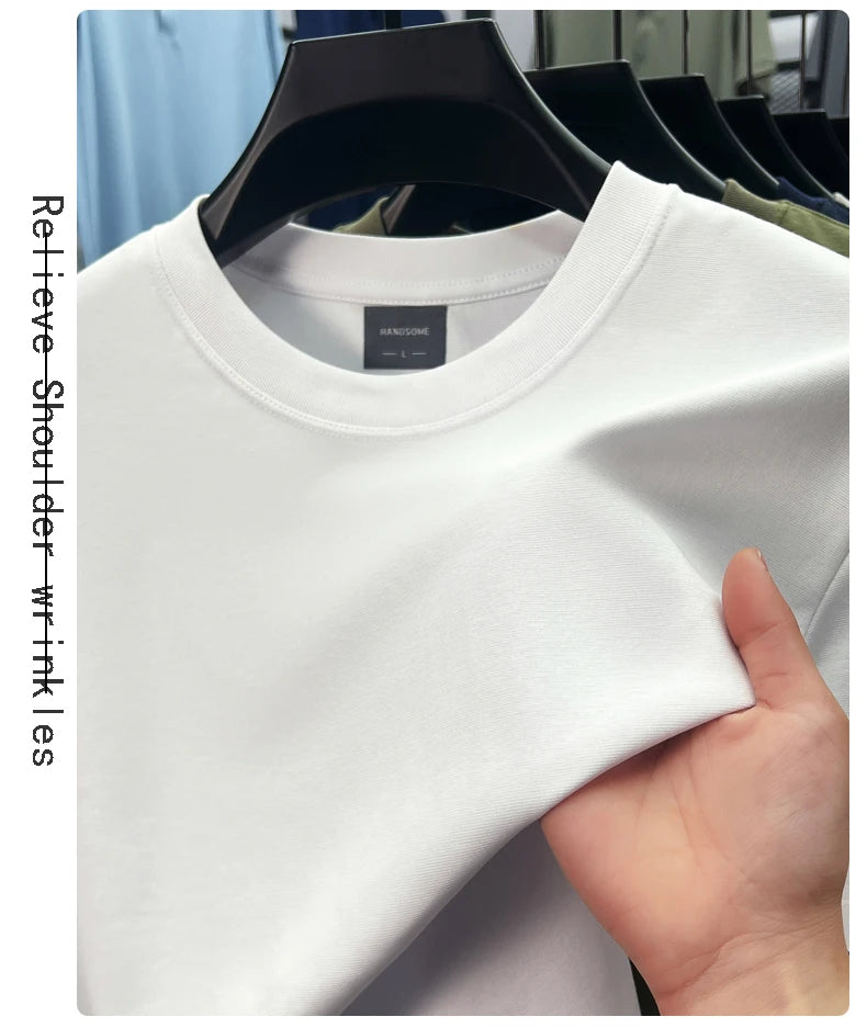 High quality luxury short sleeve T-shirt summer breathable cool silk cotton fashion solid color round neck top casual men's wear