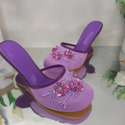 European and American Fashion Hollow Flower Baotou Banquet Half Slippers for Women's Outdoor Versatile Slope Heel Fashion Shoes