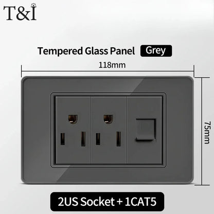 118*75mm TEMPERED GLASS SWITCH PANEL Wall Socket with USB Type - C, Grey US Switch, Thai Plug for Home & Office Use