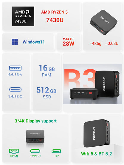 FIREBAT R3 MINI PC AMD Ryzen 5 7430U 6C/12T MAX 4.3GHz 16GB LPDDR4 RAM 512GB SSD WIFI6 BT5.2 Windows 11 Desktop Computer