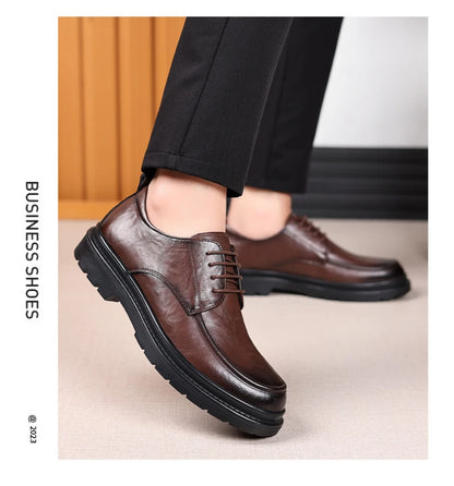 Mens Black Wrinkled Leather Apron Toe Lace Up Dress Shoes Thick Lug Sole Chunky Formal Business Office Work Daily Wear Shoes