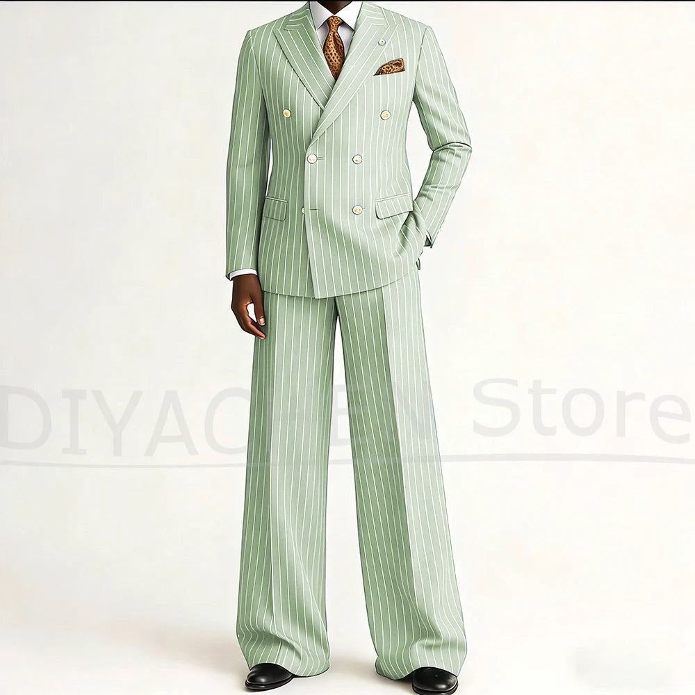 Men's Striped Double Breasted Suit Set Fashion Peak Lapel Formal Outfits 2 Piece Wedding Business Events Casual Male Suit