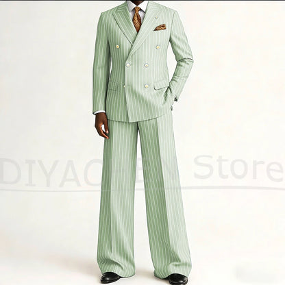 Men's Striped Double Breasted Suit Set Fashion Peak Lapel Formal Outfits 2 Piece Wedding Business Events Casual Male Suit