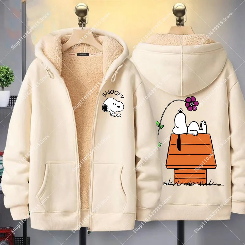 Snoopys Jacket Autumn Winter Cartoon Anime Coats Thickened Fleece Warm Hooded Men Women Couple Hooded Sweatshirt Birthday Gift