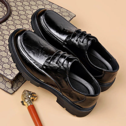 Mens Black Genuine Leather Wrinkled Lace Up Chunky Sole Formal Business Oxfords Casual Daily Wear Dress Shoes Stylish And Simple