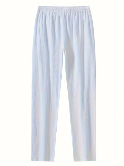 Summer Men's Casual White Linen Pants Elastic Waist Drawstring Loose Fit Beach Trousers