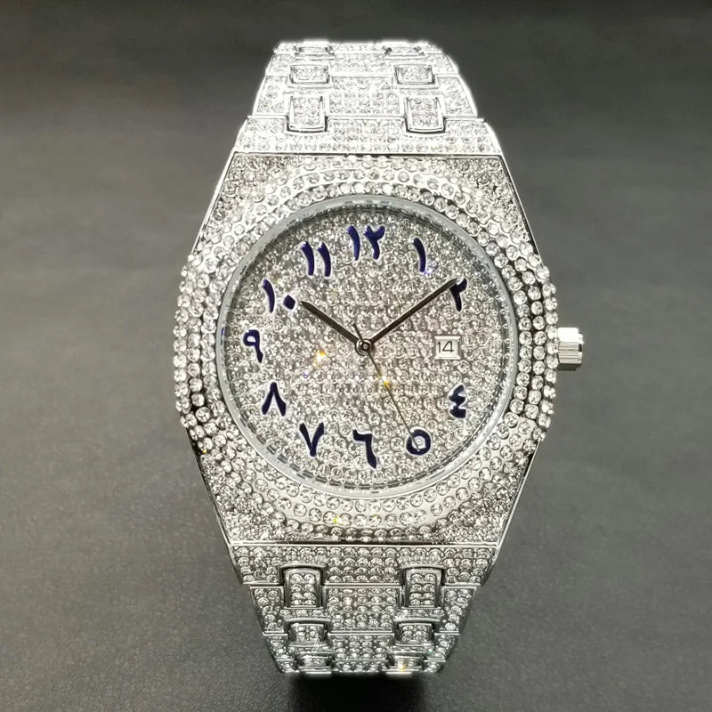 New Arab Number Brand Watch For Men Luxury Fully Diamond Bling Mens Quartz Watches Fashion Iced Out Silver Waterproof Male Clock
