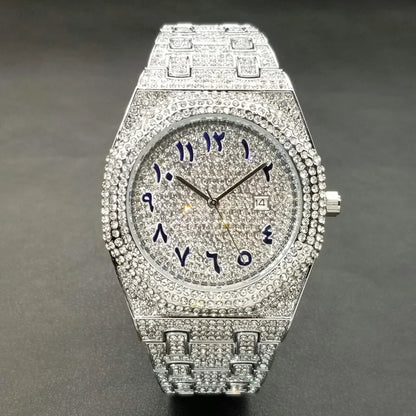 New Arab Number Brand Watch For Men Luxury Fully Diamond Bling Mens Quartz Watches Fashion Iced Out Silver Waterproof Male Clock