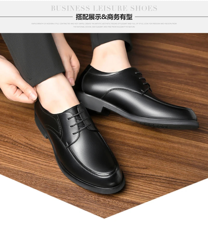 Mens Black Genuine Leather Lace Up Chunky Platform Oxfords Formal Business Office Groom Wedding Daily Wear Shoes Fashion Simple