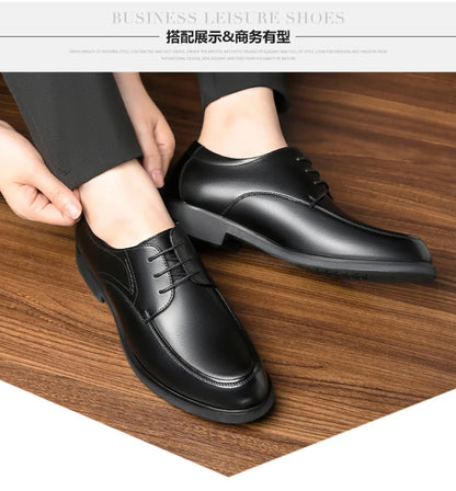 Mens Black Genuine Leather Lace Up Chunky Platform Oxfords Formal Business Office Groom Wedding Daily Wear Shoes Fashion Simple