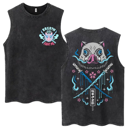Washed Anime Demon Slayer Hashibira Inosuke Mask Face Tank Tops Men Women Vintage Fashion Cotton Sleeveless T Shirts Streetwear