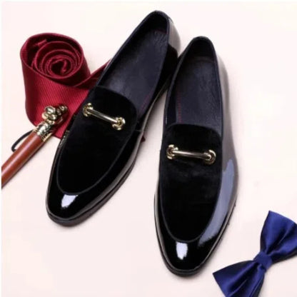 Mens Formal Navy Blue Velvet Patent Leather Loafers With Gold Horsebit Accent Flat Heel Comfortable Non Slip Breathable Business