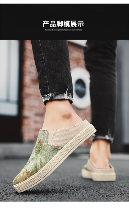 Men's canvas slippers summer new breathable outdoor soft-sole casual slippers party sandals Joker tide half slippers cloth shoes