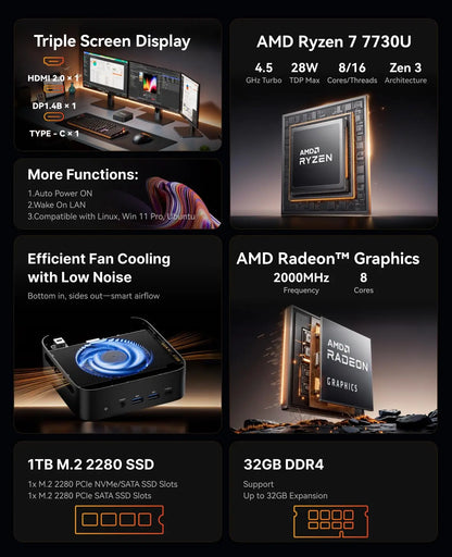 Mini PC with AMD Ryzen7 7735HS/7730U 32GB 512GB SSD AMD Mini PC computer Gaming PC  Support 4K HDMI DP Type-C WiF