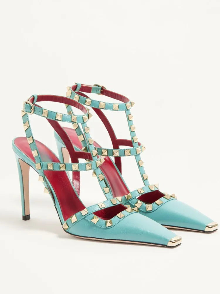 Summer Square Headed Rivet High-heeled Women's Sandals, Fashionable and Sexy Women's Party T-table Women's Plus Size Sandals
