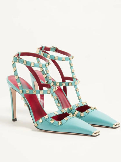 Summer Square Headed Rivet High-heeled Women's Sandals, Fashionable and Sexy Women's Party T-table Women's Plus Size Sandals