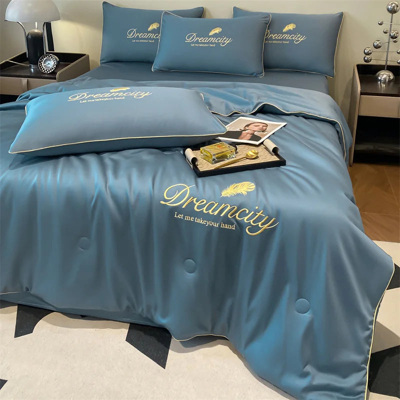 Ultra Soft Cooling Ice Silk Summer Quilt Blanket, Queen King Size Embroidered Breathable Nap Comforter, Lightweight Skin Friendly Air Conditioner Quilt