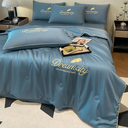 Ultra Soft Cooling Ice Silk Summer Quilt Blanket, Queen King Size Embroidered Breathable Nap Comforter, Lightweight Skin Friendly Air Conditioner Quilt